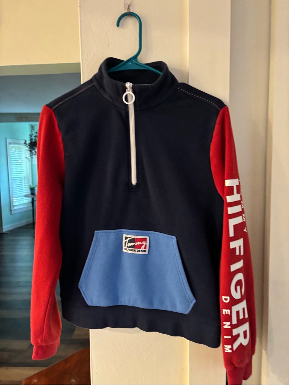 Tommy Hilfiger Navy Zip-Up Sweater with Red Sleeves and Light Blue Pocket